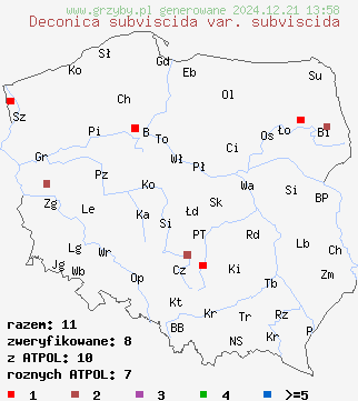 znaleziska Deconica subviscida var. subviscida (łysiczka ciemnobrązowa) na terenie Polski