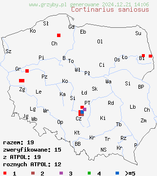 znaleziska Cortinarius saniosus (zasłonak włóknistożółty) na terenie Polski