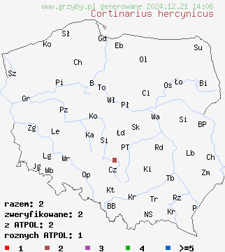 znaleziska Cortinarius hercynicus (zasłonak fioletowy hercyński) na terenie Polski