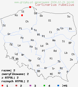 znaleziska Cortinarius rubellus (zasłonak rudawy) na terenie Polski