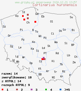 znaleziska Cortinarius huronensis (zasłonak trzęsawiskowy) na terenie Polski