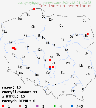 znaleziska Cortinarius armeniacus (zasłonak morelowy) na terenie Polski