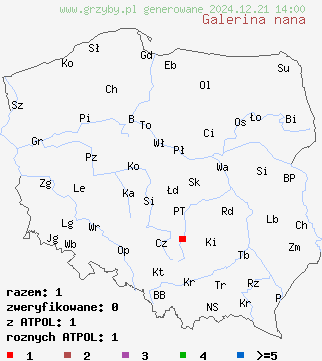 znaleziska Galerina nana (hełmówka drobna) na terenie Polski