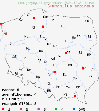 znaleziska Gymnopilus sapineus (łysak drobnołuskowy) na terenie Polski