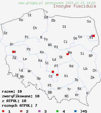 znaleziska Inocybe fuscidula (strzępiak brązowoczarny) na terenie Polski