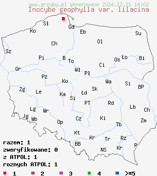 znaleziska Inocybe geophylla var. lilacina (strzępiak ziemistoblaszkowy odm. liliowa) na terenie Polski