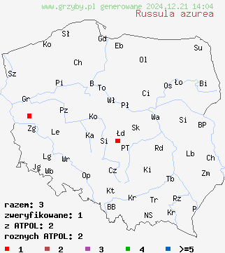 znaleziska Russula azurea (gołąbek lazurowy) na terenie Polski