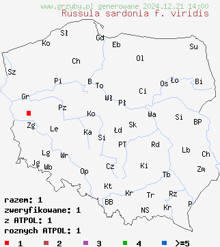 znaleziska Russula sardonia f. viridis (gołąbek czerwonofioletowy odmiana zielona) na terenie Polski