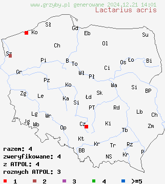 znaleziska Lactarius acris (mleczaj ostry) na terenie Polski