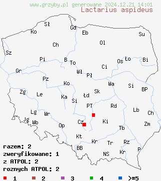 znaleziska Lactarius aspideus (mleczaj żółtawy) na terenie Polski