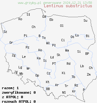 znaleziska Lentinus substrictus (twardziak orzęsiony) na terenie Polski