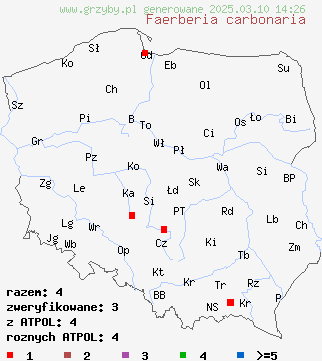 znaleziska Faerberia carbonaria (szaroblaszek zgliszczowy) na terenie Polski