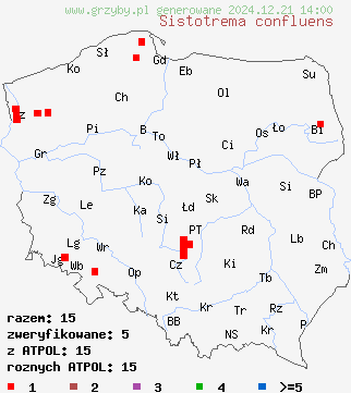 znaleziska Sistotrema confluens (wielozarodniczka kapeluszowa) na terenie Polski