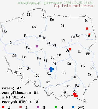 znaleziska Cytidia salicina (talerzyk szkarłatny) na terenie Polski