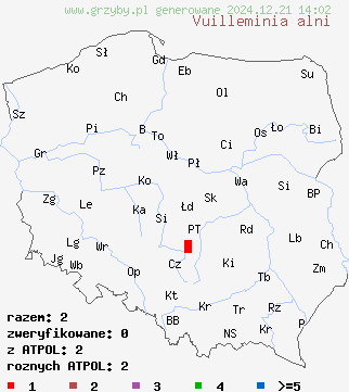 znaleziska Vuilleminia alni na terenie Polski