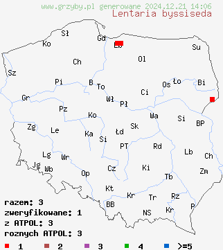 znaleziska Lentaria byssiseda (koralóweczka płowoochrowa) na terenie Polski