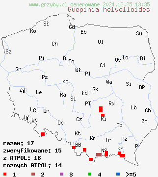 znaleziska Guepinia helvelloides (płomyczka galaretowata) na terenie Polski