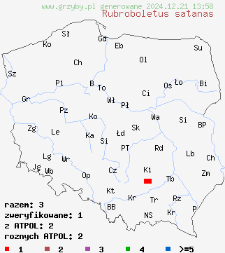 znaleziska Rubroboletus satanas (krwistoborowik szatański) na terenie Polski