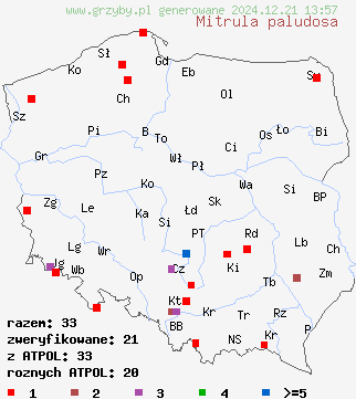 znaleziska Mitrula paludosa (mitróweczka błotna) na terenie Polski