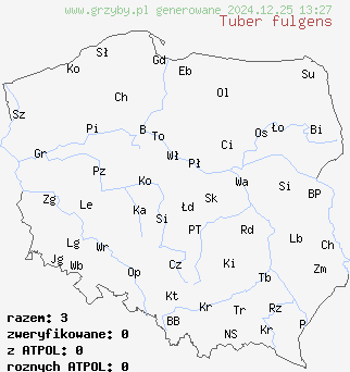 znaleziska Tuber fulgens (trufla jaskrawa) na terenie Polski