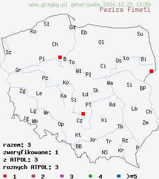 znaleziska Peziza fimeti na terenie Polski