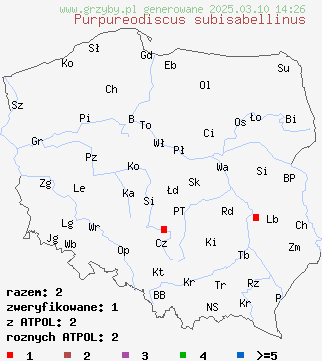 znaleziska Purpureodiscus subisabellinus na terenie Polski