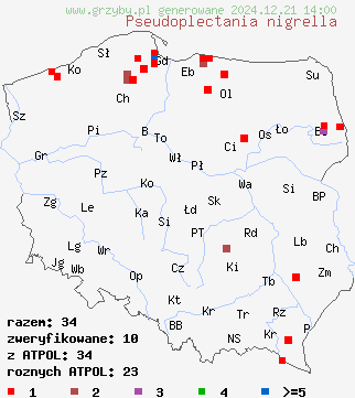 znaleziska Pseudoplectania nigrella (czareczka czarniutka) na terenie Polski