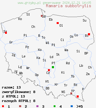 znaleziska Ramaria subbotrytis na terenie Polski