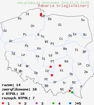 znaleziska Ramaria krieglsteineri na terenie Polski