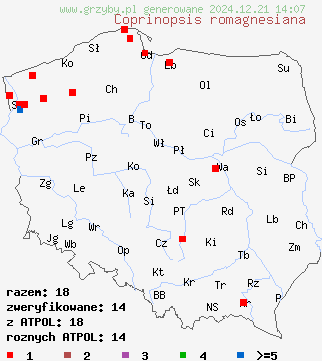 znaleziska Coprinopsis romagnesiana na terenie Polski