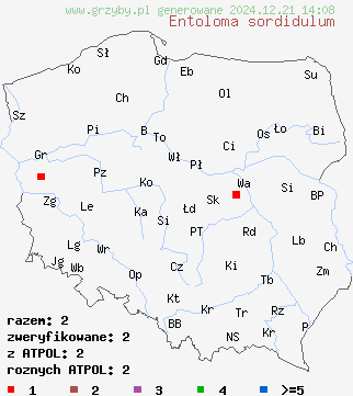 znaleziska Entoloma sordidulum (dzwonkówka brudnawa) na terenie Polski