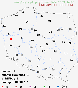 znaleziska Lactarius scoticus na terenie Polski