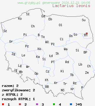 znaleziska Lactarius leonis na terenie Polski