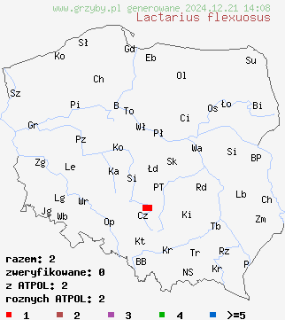 znaleziska Lactarius flexuosus (mleczaj wygięty) na terenie Polski