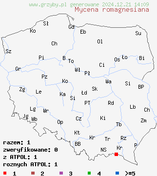 znaleziska Mycena romagnesiana na terenie Polski