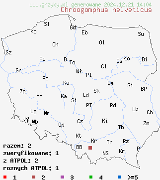 znaleziska Chroogomphus helveticus (klejek alpejski) na terenie Polski