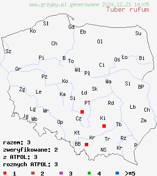 znaleziska Tuber rufum (trufla ruda) na terenie Polski