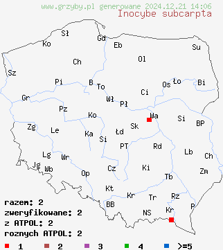 znaleziska Inocybe subcarpta (strzępiak chropowaty) na terenie Polski