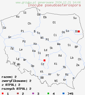 znaleziska Inocybe pseudoasterospora na terenie Polski