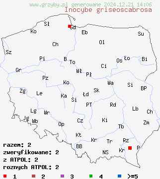 znaleziska Inocybe griseoscabrosa na terenie Polski