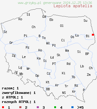 znaleziska Lepiota apatelia na terenie Polski