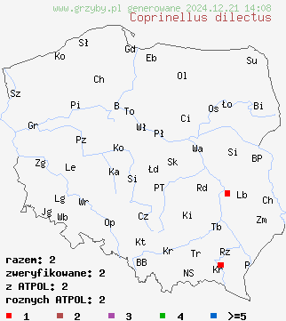 znaleziska Coprinellus dilectus na terenie Polski