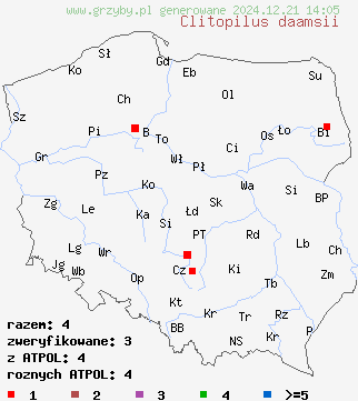 znaleziska Clitopilus daamsii na terenie Polski