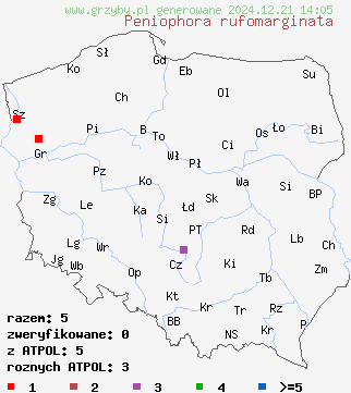 znaleziska Peniophora rufomarginata (powłocznica lipowa) na terenie Polski