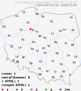 znaleziska Lophodermium paeoniae (osutka piwoniowa) na terenie Polski