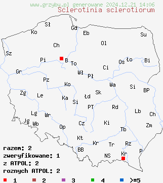 znaleziska Sclerotinia sclerotiorum (twardnica pasożytnicza) na terenie Polski