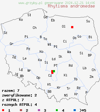 znaleziska Rhytisma andromedae (łuszczeniec modrzewnicowy) na terenie Polski