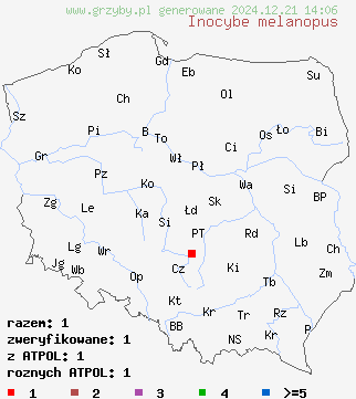 znaleziska Inocybe melanopus na terenie Polski