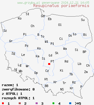 znaleziska Resupinatus poriaeformis (puchareczka szarobrązowa) na terenie Polski