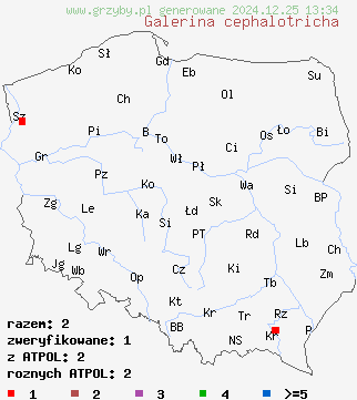 znaleziska Galerina cephalotricha na terenie Polski